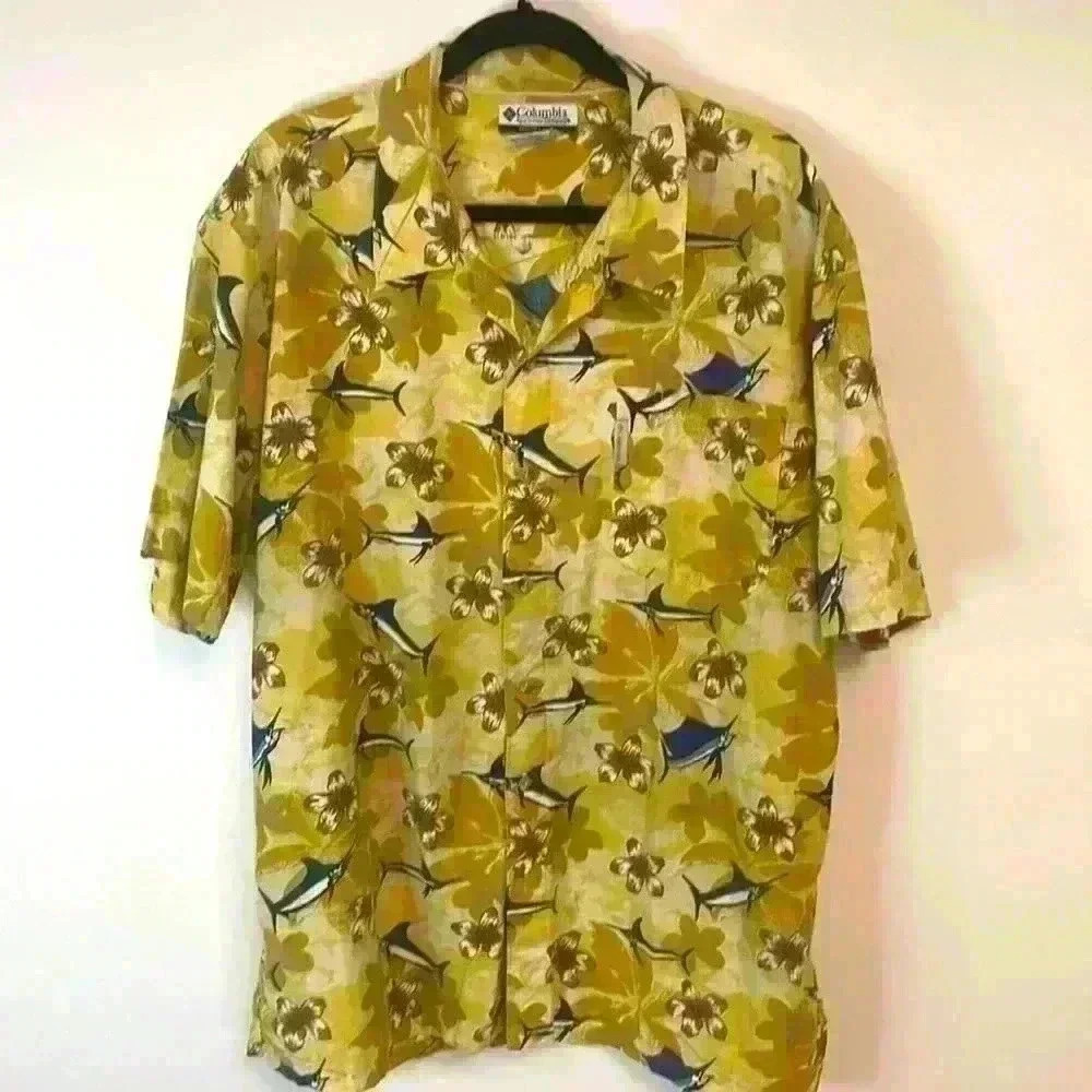 Columbia Tropical Yellow Button Up T-Shirt 2XL